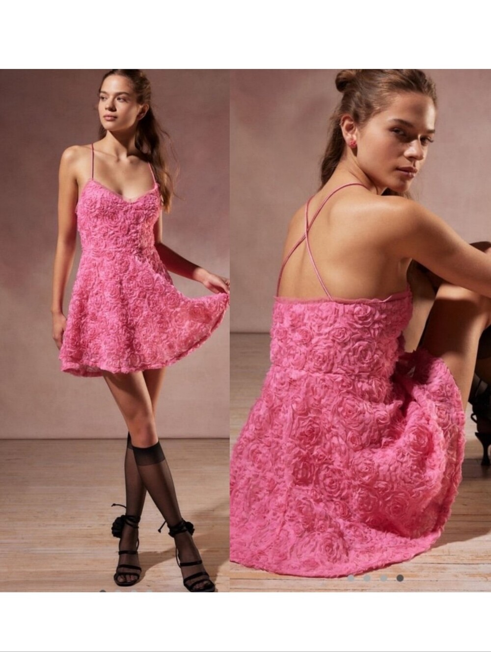 Kimchi Blue Urban Outfitters Rosie Textured Rosette Pink Mini Dress XL